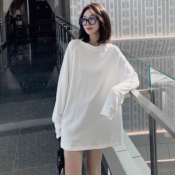 

new autumn 2019 korean black and white round neck shoulder basic bf bottoming women's loose ins style t- shirt shirt shirtlong sleeve t