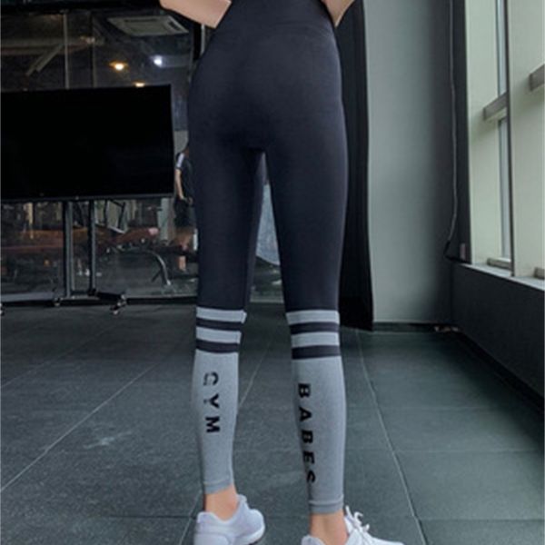 

stretch quick dry bottomed gym letter casual yoga slim high waist pants, Black