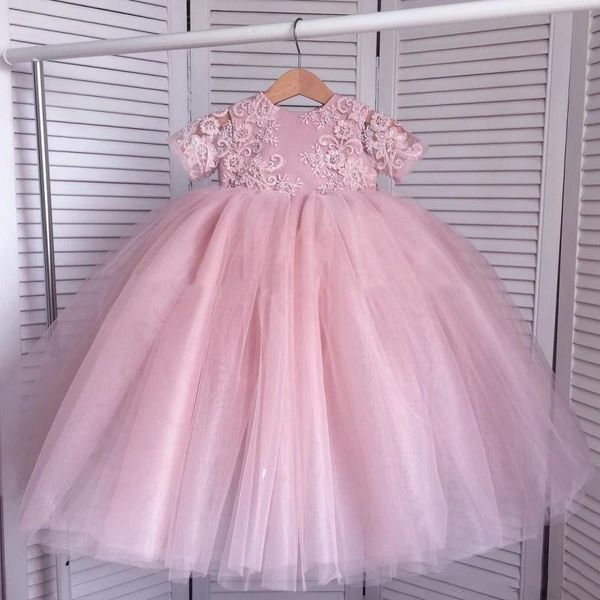 Spitze Ballkleid Blume Mädchen Kleider für Hochzeiten Appliqued Perlen Große Bogen Flowergirl Kleid Günstige kleine Baby Pageant Kleider