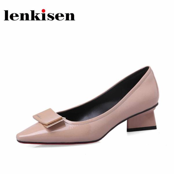 

lenkisen 2020 genuine leather travel essentials pointed toe med heels shallow metal decorations french romantic spring pumps l62, Black