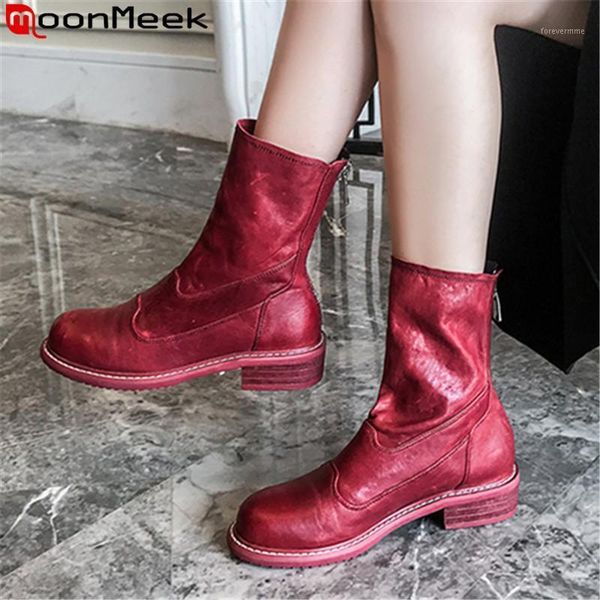 

boots moonmeek big size 34-42 fashion genuine leather round toe zip ankle for women low heels shoes autumn winter1, Black