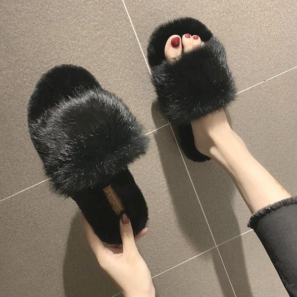 

fur shoes home slippers women's low slides fashion pantofle winter footwear lady plush massage flat soft luxury 2020 girl with, Black