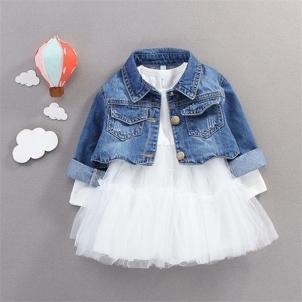 

kids baby girls long sleeve denim jacket +lace tutu dress toddler spring autumn sets 2pcs children casual costumesx1019, White