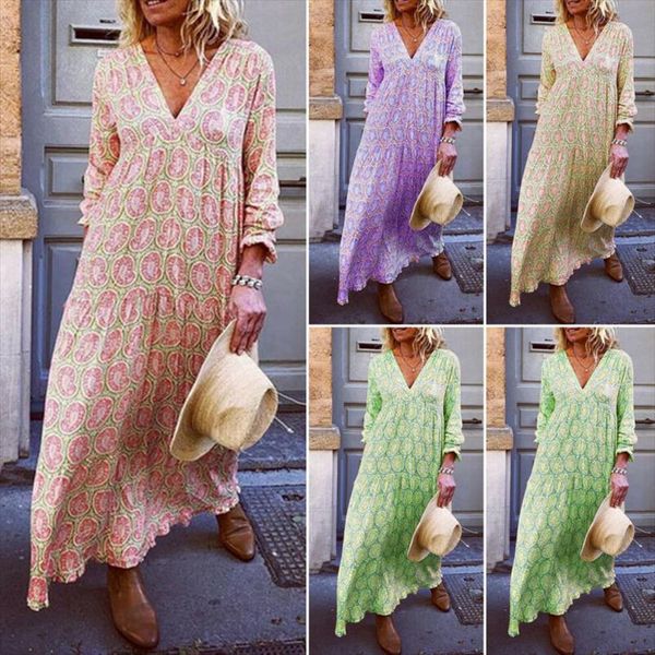 

женщин v шеи boho цветочные длинным рукавом summer beach вечера пляж maxi платье drop доставка хорошее качество, Black;gray
