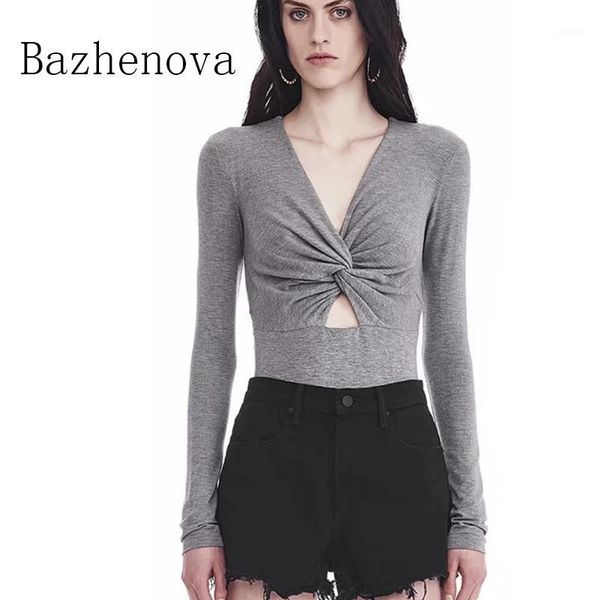 

bazhenova women's autumn knot hollow-out v-neck stretch bodysuits woman charm jumpsuits girls playsuits fall clothes r6451, Black;white
