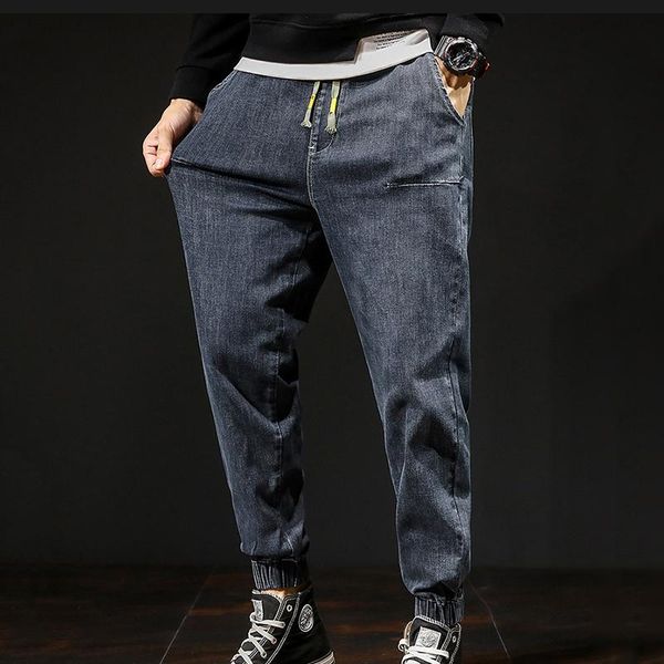 

men's jeans stretch elastic waist harem pants loose plus large size denim trousers men autumn, Blue