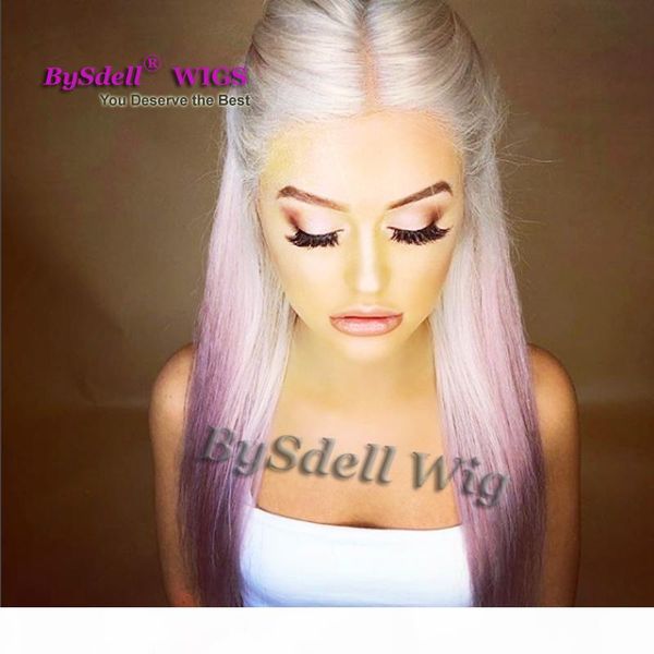 

pastel white blonde hair wig synthetic bleach teal purple pink dyed hair color lace front wig long straight two tone ombre hair wigs, Black
