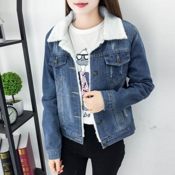 

2019 autumn winter denim short jacket female leisure loose new lambswool womens coat long sleeve thicken coat cc4221, Black;brown