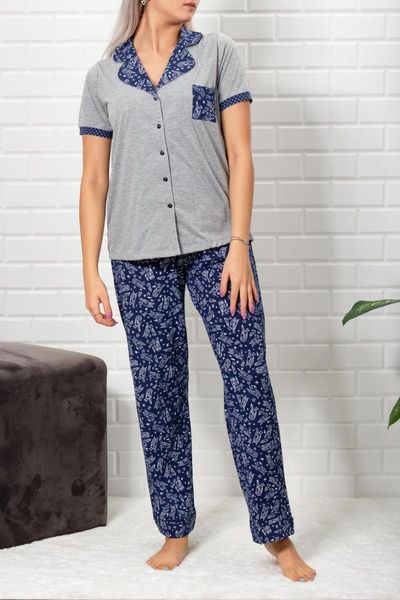 

women's short sleeve front button-down collar cotton pajama set, Gray