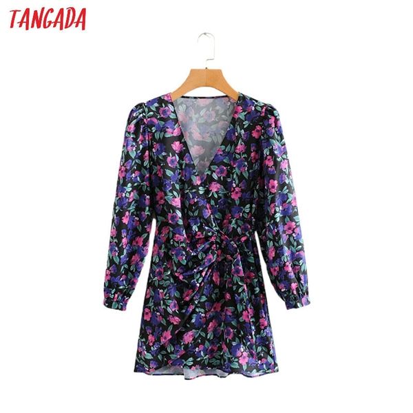 

tangada women purple flowers spring dress v neck long sleeve ladies waist bow mini dress vestidos lj200824, Black;gray