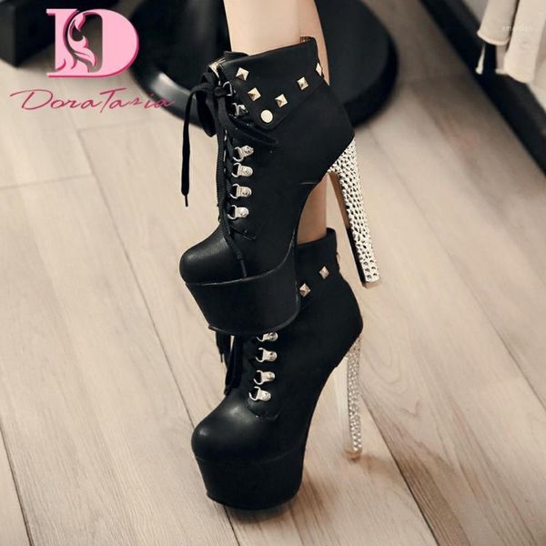 

doratasia new fashion ladies thick high heels ankle boots platform round toe metal decoration boots women autumn shoes woman1, Black