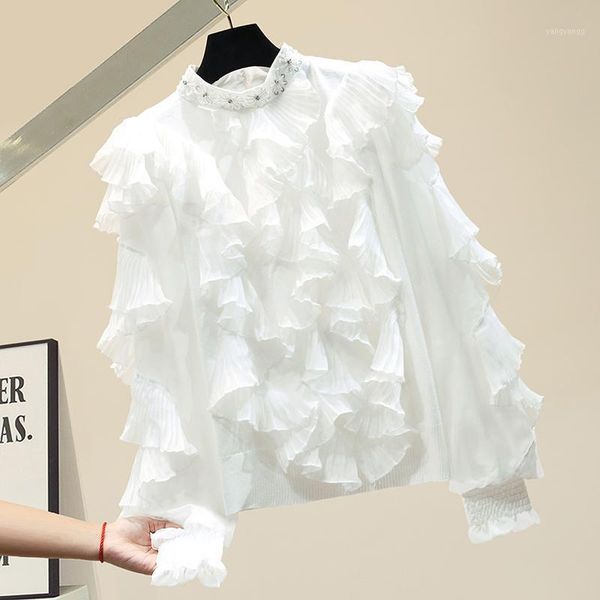 

fashion sequins beaded diamond sweet blouse girls ruffled patchwork puff sleeve hollow-out knitwear shirt for women white shirts1