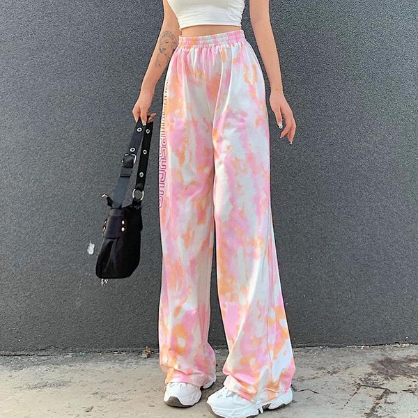 

women casual pink tie dye print long trousers ladies summer streetwear high waist pants skinny fashion joggers femme clothing, Black;white