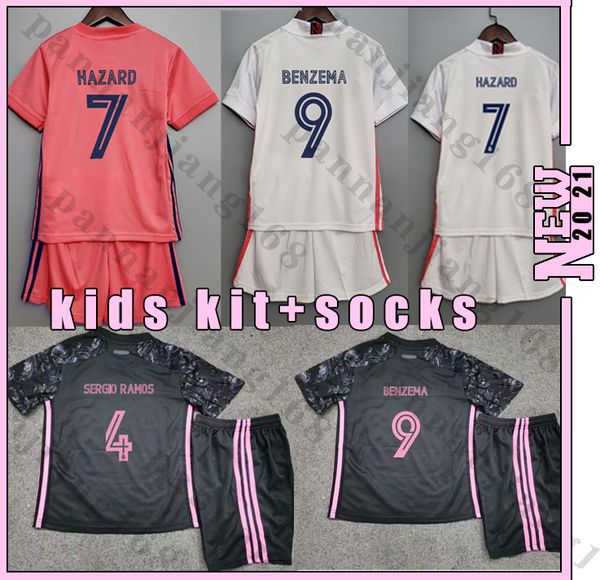 

real madrid soccer jersey kids new 20 21 hazard sergio ramos benzema vinicius 2020 2021 camiseta football shirt uniforms kids kit jersey, Black;yellow
