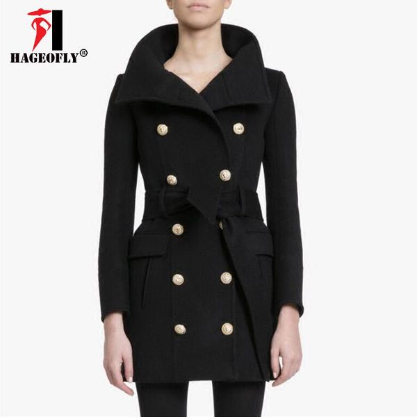 

new winter black wool blends coat 2020 designer women double breasted lion buttons long british belt slim coat overcoat blends