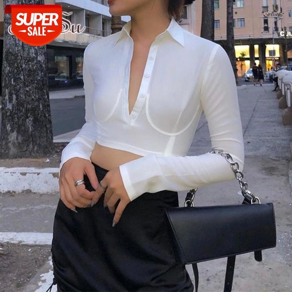 

artsu turn-down collar long sleeve crop woman patchwork white t shirt slim fashion ladies tee streetwear ts52536 #xk4u