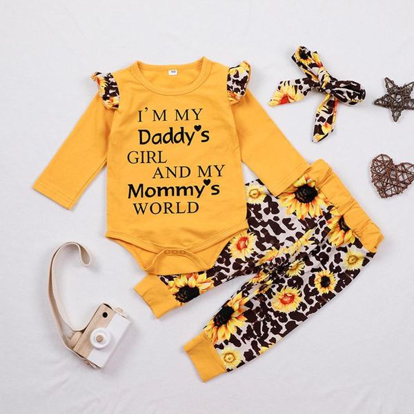 

3pcs newborn kid baby girl clothes set floral long sleeve letter romper jumpsuit sunflower print pants +headwear outfit set, White