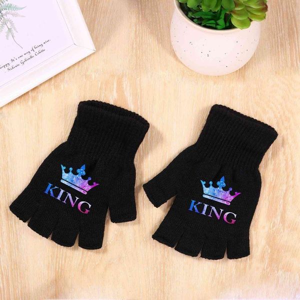 

five fingers gloves winter queen printed female fingerless women knitting warm hand wrist warmer mittens, Blue;gray