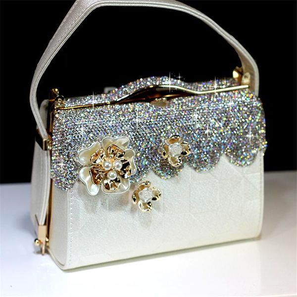 

women crystal totes luxury handbag flowers shoulder bags bridal wedding chain bag genuine leather rhinestones evening party bags