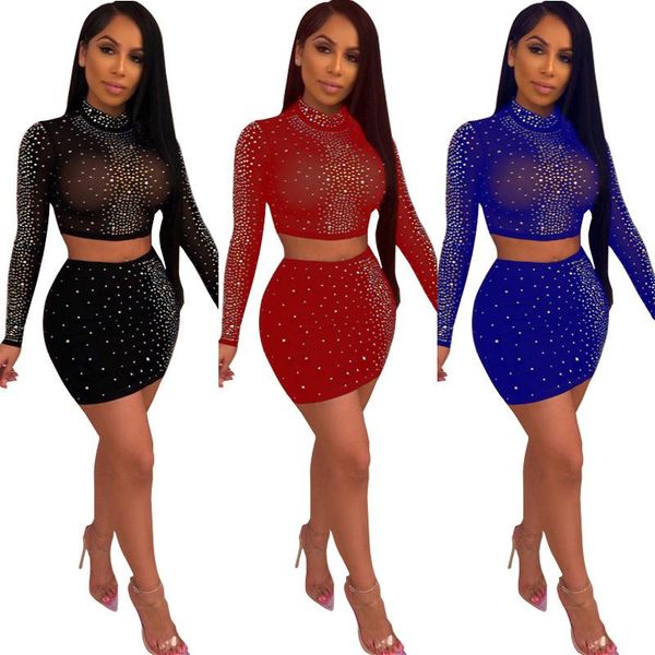 

2020 two piece set shiny sequin long sleeve crop skirt 2 piece skirt set winter women's suit two pieces sets s  l xl, Gray