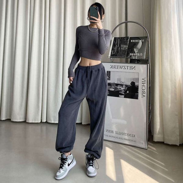 

loose 2020 new drawstring high waisted skinny leggings with plush sports casual pants, Black;gray