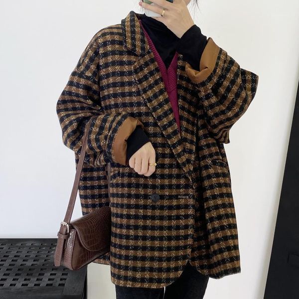 

yeeloca winter vintage thick plaid woolen coat female casual notched double breasted coat korean mid-length loose woolen1, Black