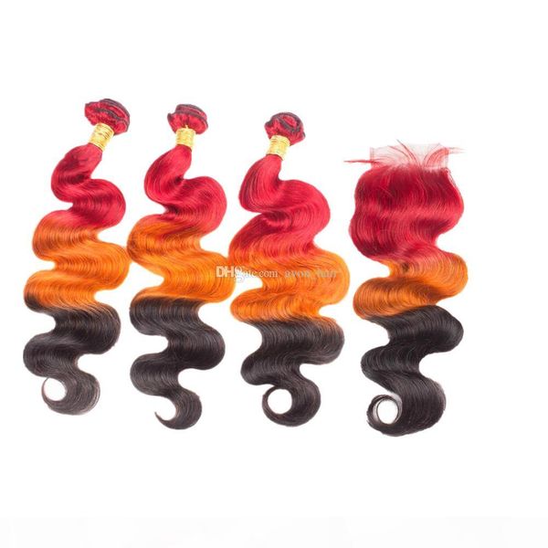 

ombre цвет красный оранжевый черный объемная волна волос соткать с верхней крышкой 4x4 три тона тела волнистые человеческих волос пучки с за, Black;brown