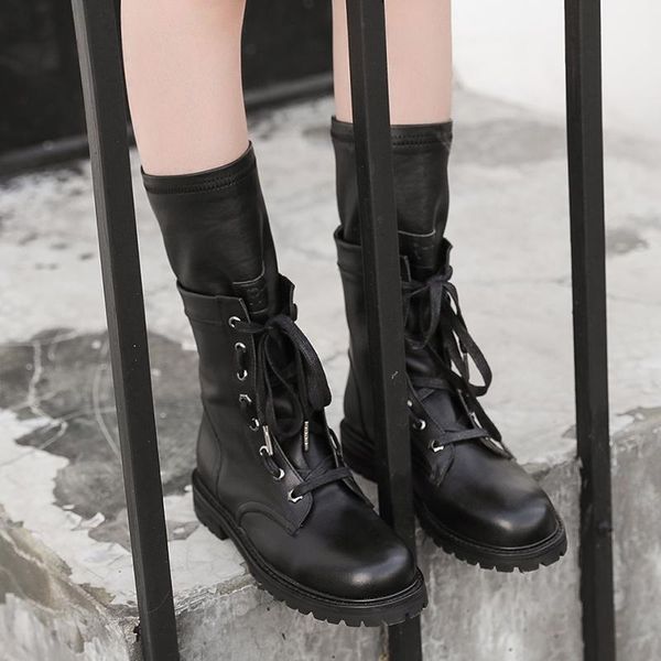 

boots fashion winter women for shoes leather lace-up autumn motorcycle woman calzado mujer high, Black