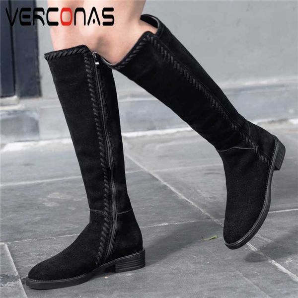 

boots verconas fashion concise women knee-high cow suede long shoes woman autumn winter 2021 narrow band, Black