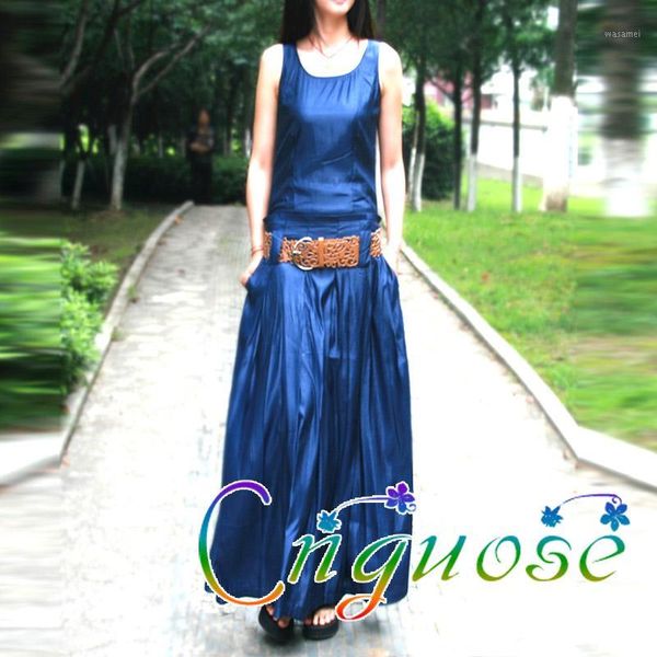 

2020 spring and summer new casual vintage fashion sleeveless low wide waist pleated long dress women mopping1, Black;gray