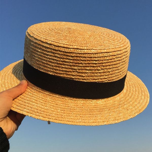 

sun hats straw solid boater hat men women straw boater hat flat summer hats for women men y200602, Blue;gray
