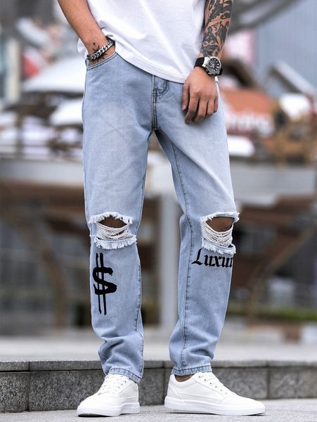

men letter graphic ripped jeans z2l6#, Blue