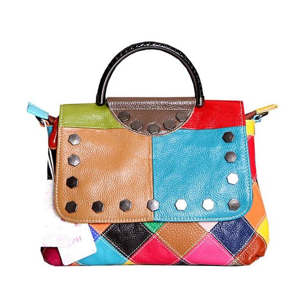 

women's genuine handbag genuine leather stitching shoulder bag multicolor fashion rivet crossbody messenger bag female luxury