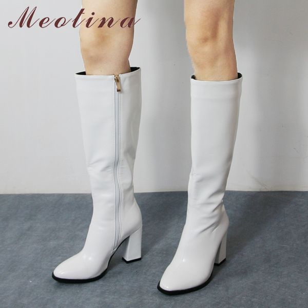 

meotina long boots women shoes round toe block heels knee-high boots zipper extreme high heel ladies boots winter brown 34-46 lj201201, Black