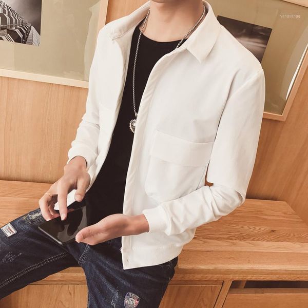 

men short coat jacket long sleeve outwear slim handsome lapel collar casual pockets zipper up male jackets black white red f631, Black;brown