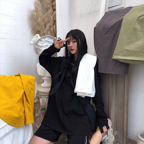 

ins solid color bf tees streetwear causal couple loose solid color round neck long sleeve bottoming women t shirt, White