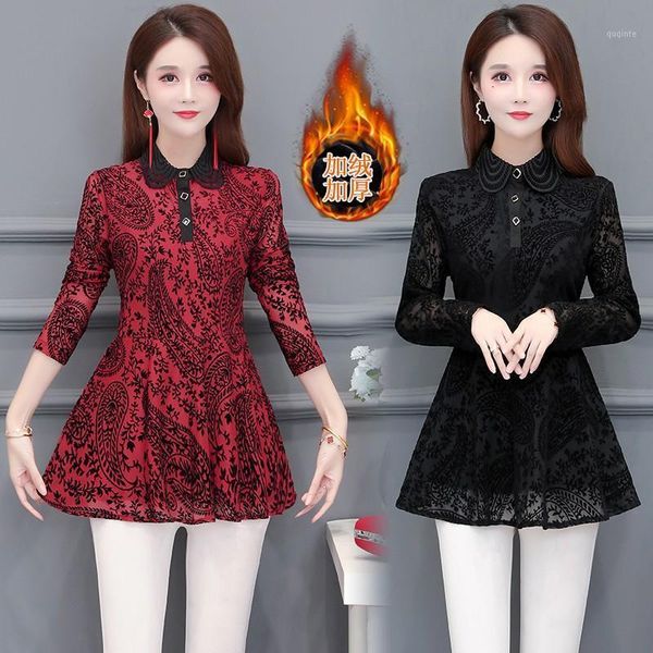 

women winter spring basic wear warm velvet inside elegant office lady hollow out black lace vingage tunic peplum blouses1, White