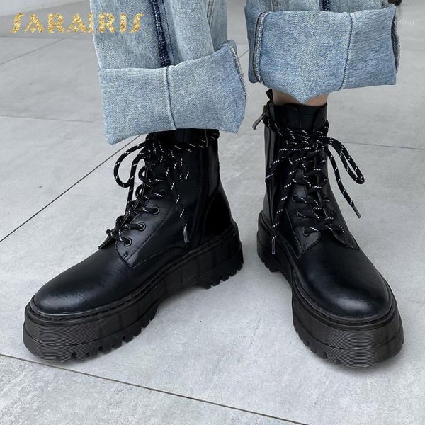 

sarairis 2021 new design split leather comfy lace-up zipper ankle boots woman shoes concise platform cool motorcycle boots1, Black