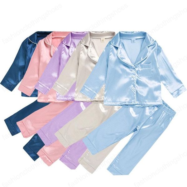 

kids clothes girls boys ice silk outfits children solid color +pants 2pcs/set fashion pajamas sets spring autumn baby clothing sets, White