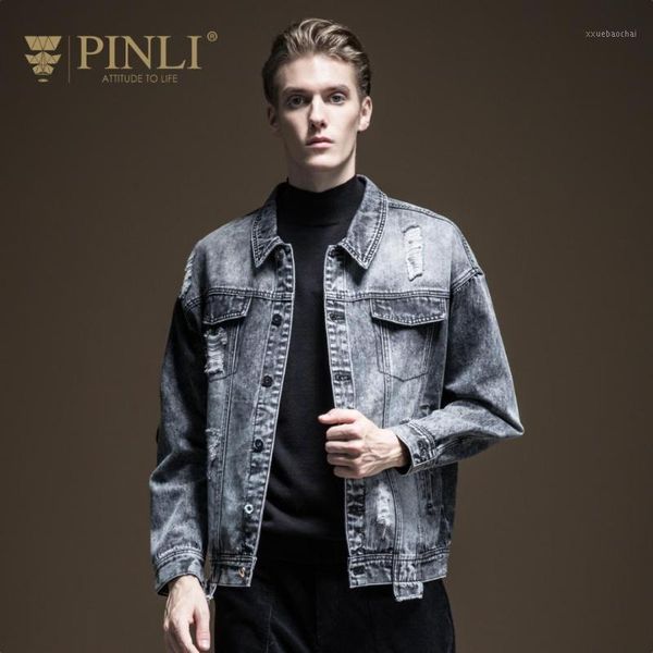 

pinli product made the new autumn 2019 men's clothing embroidered hole b193404190 denim jacket coat lapels1, Black;brown