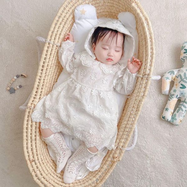 

2021 new spring autumn clothes infant newborn flowers appliques girls bodysuit cotton baby baptism with hat 0-3y djf9, Blue