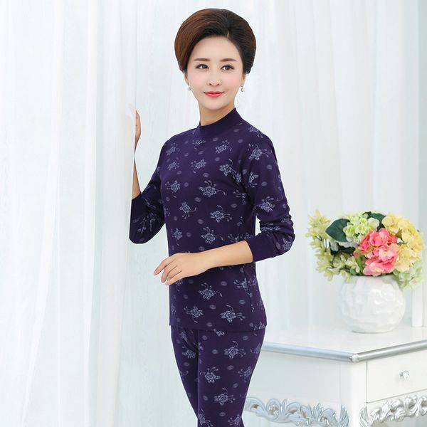 

5xl 95% coton imprimé col roulé seconde femme peau thermique moyen-âge femmes sous-vêtement thermique ensemble chaud hiver longs johns, Black;pink