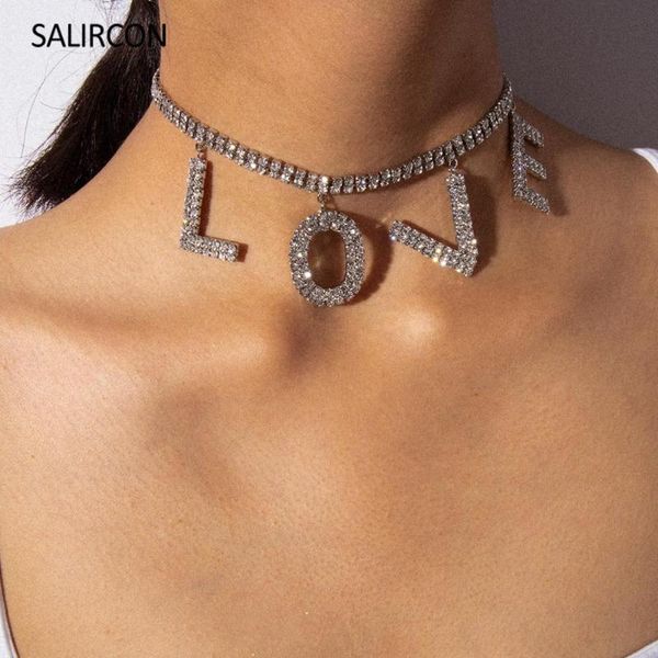 

salircon luxury letter love pendant rhinestone necklace women gold color crystal tennis necklace choker fashion jewelry collier, Golden;silver