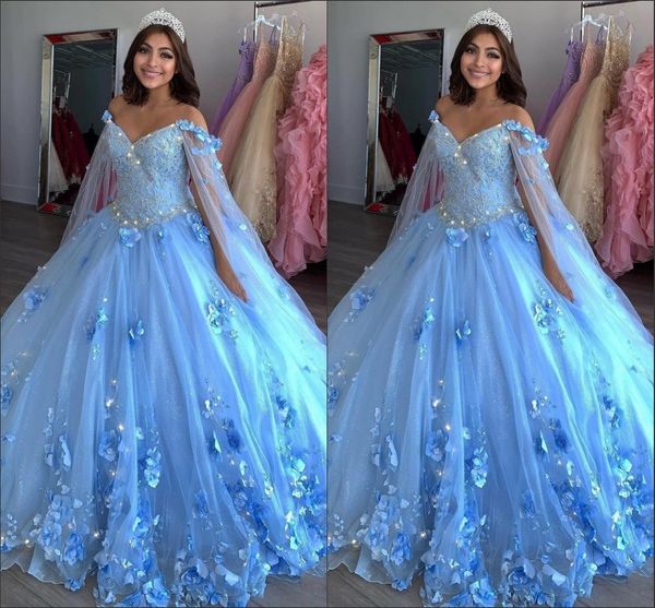 Blu chiaro Nuovi vestiti dolci da 16 abiti Abiti a mano fatti a mano Fiori Applique Vestidos De Quinceanera Abito con impacchi Pageant286x