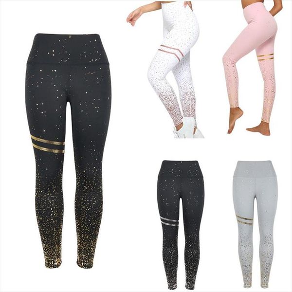 

women high waist leggings stamping gold glitter workout butt lift trouser lady athletic fitness sport dotted slim long pants, Black