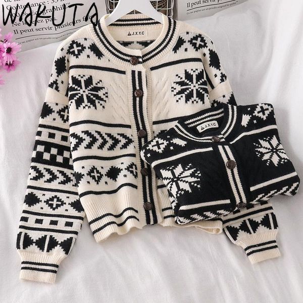 

wakuta oversized single breasted cardigan women loose vintage geometric pattern white black colorblock knitting outerwear1