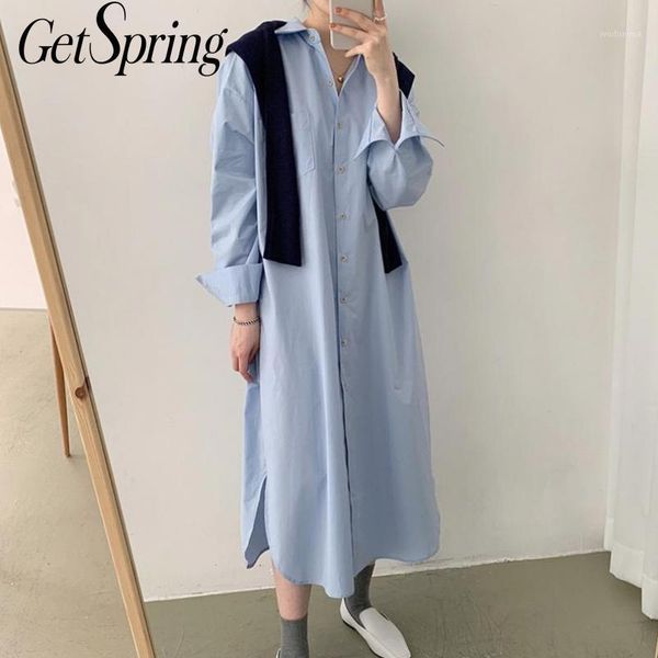 

getspring women dress long sleeve cotton shirt dressse plus size loose casual long blue white shirt blouse dressse cotton split1, Black;gray