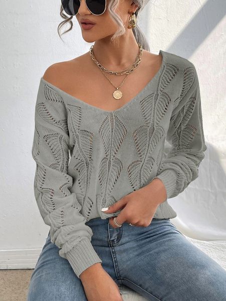 

solid pointelle drop shoulder sweater f6zi#, White