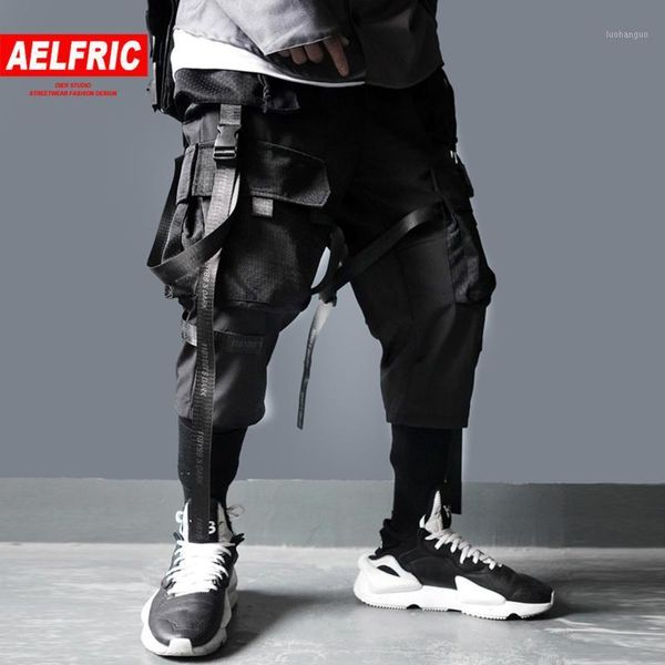 

aelfric fashion ribbons design multi pockets men cargo pants 2019 harajuku casual joggers male hip hop track trouser streetwear1, Black