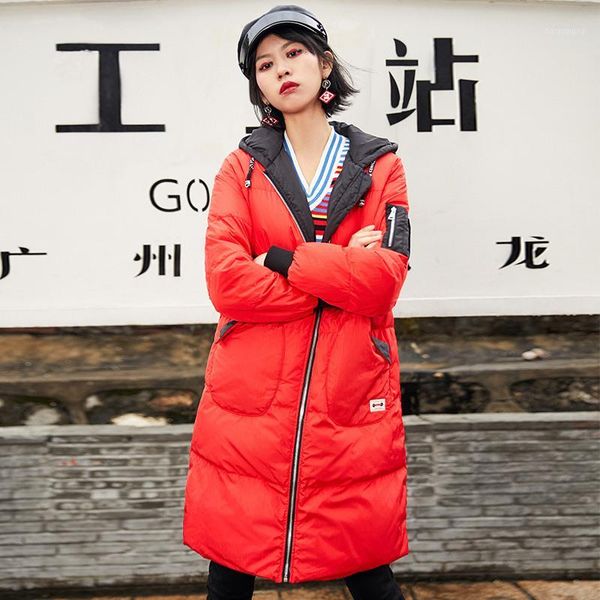 

2019 women winter new warm long sleeve hooded down jacket women fashion letter print plus size parka casual loose outerwear z9511, Black
